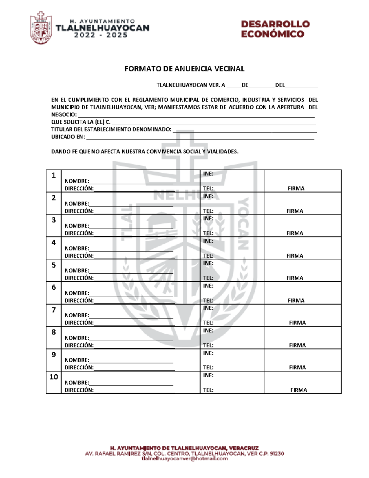 Formato DE Anuencia Vecinal - FORMATO DE ANUENCIA VECINAL ...