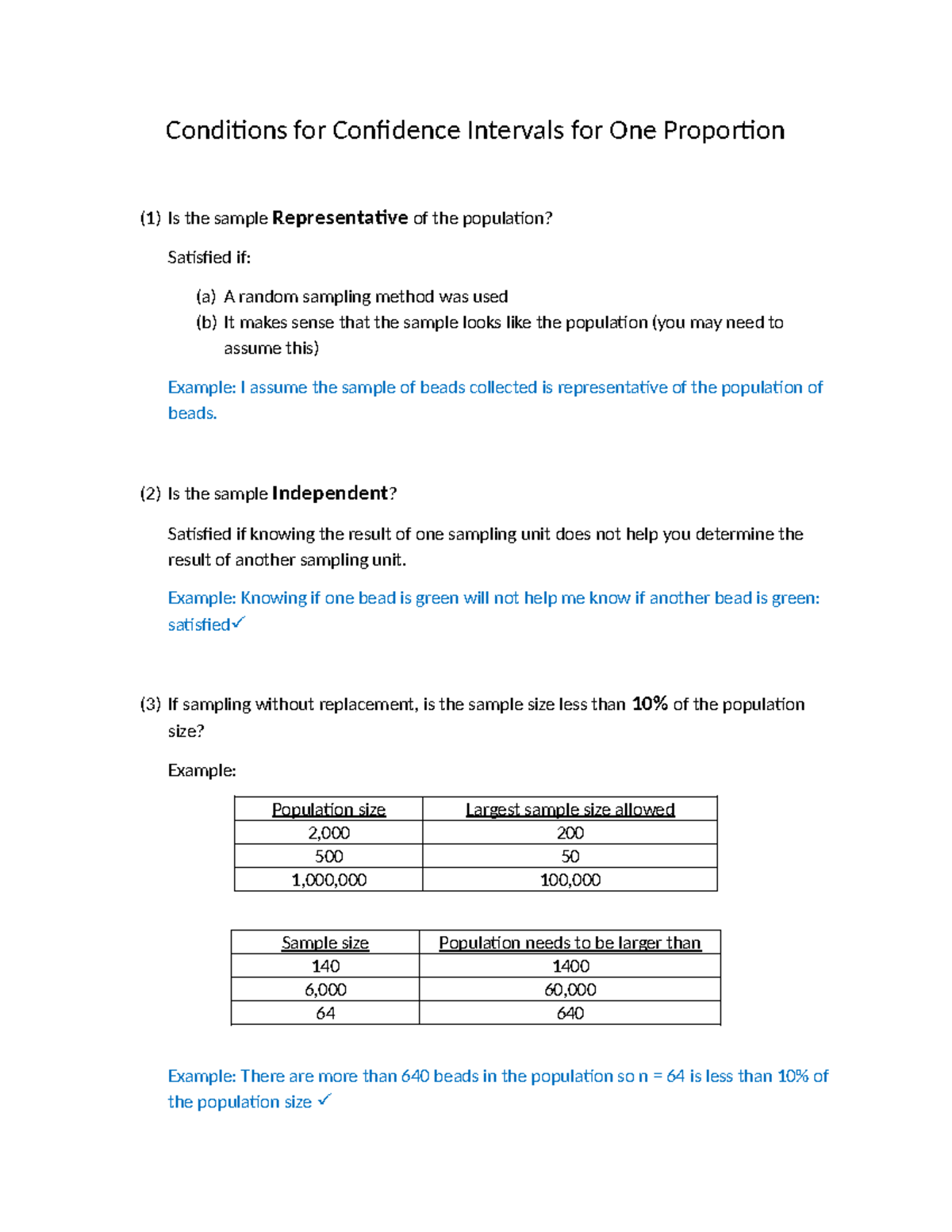 Conditions for Confidence Intervals for One Proportion (302) - Studocu