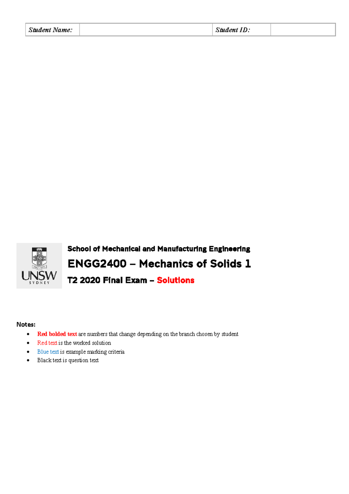 ENGG2400 T2 2020 Mechanics of Solids 1 Final Exam Solutions - Studocu