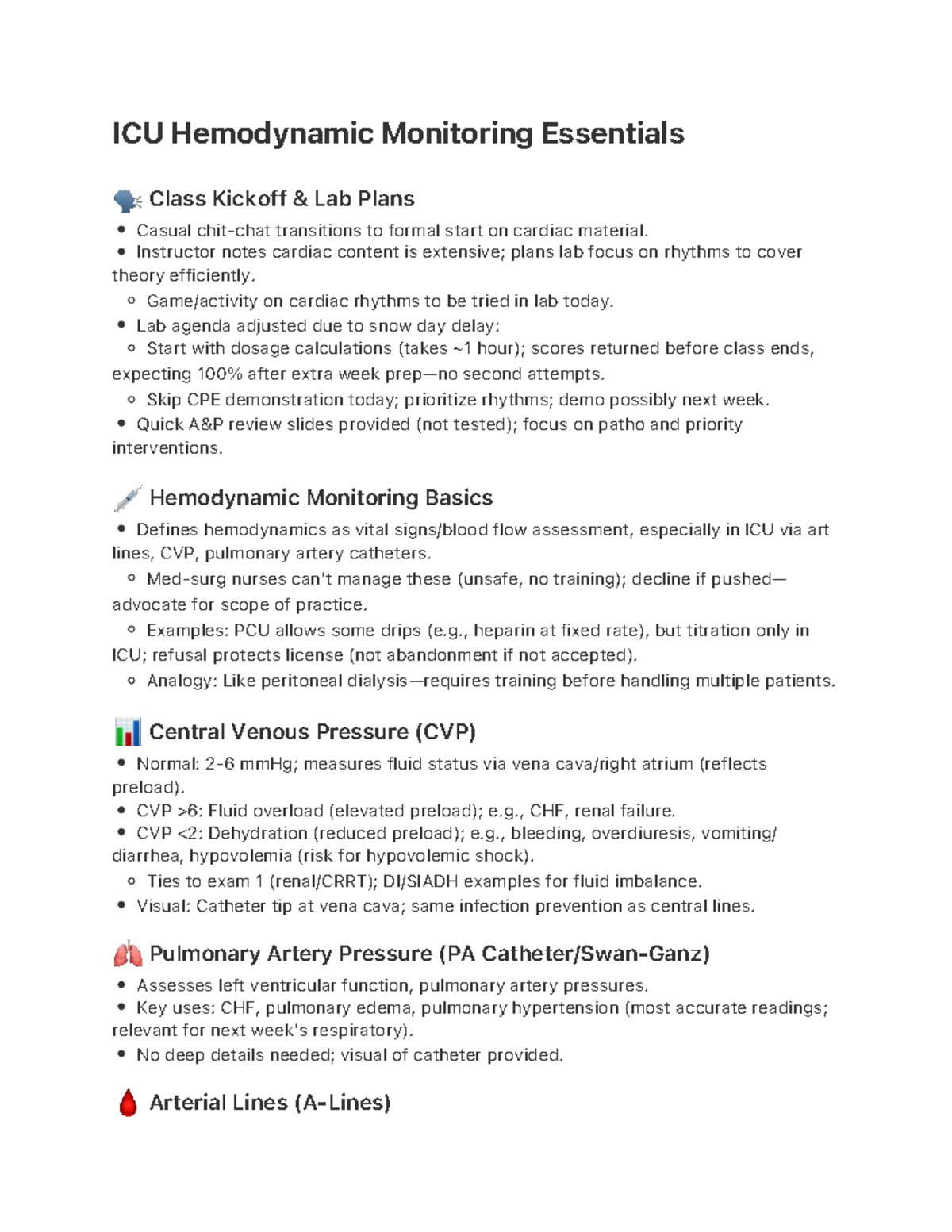 ICU Hemodynamic Monitoring Essentials: Lab Plans & Key Concepts - Studocu