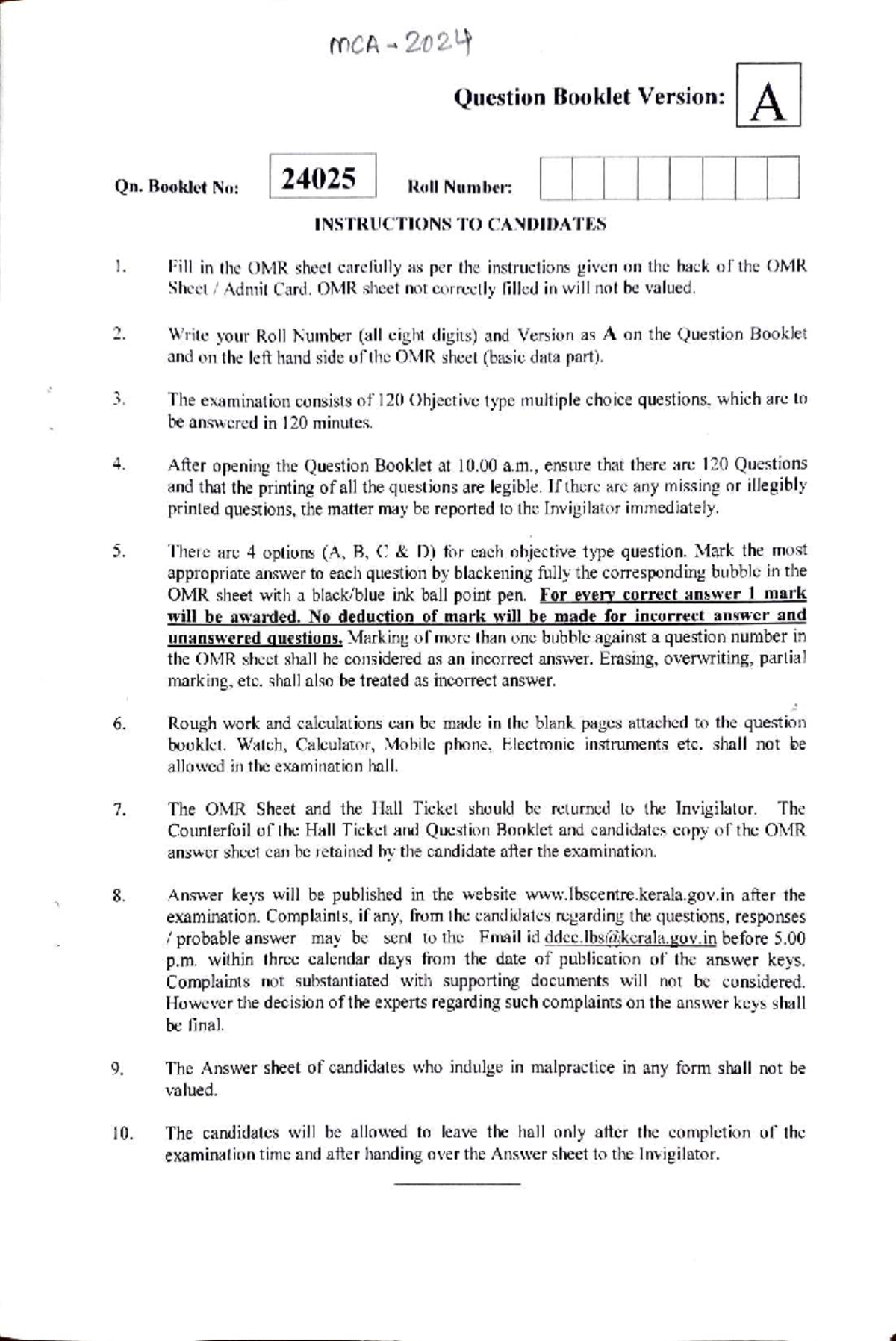 MCA 20 2 Sample Question Booklet - Version 24025 - Studocu