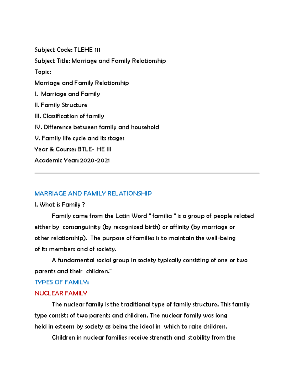 Marriage and Family Relationship Overview - TLEHE 111 Notes - Studocu