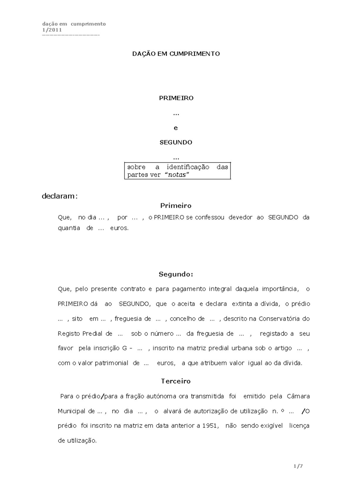 Minuta de Dação em Cumprimento: Identificação e Autenticação - Studocu