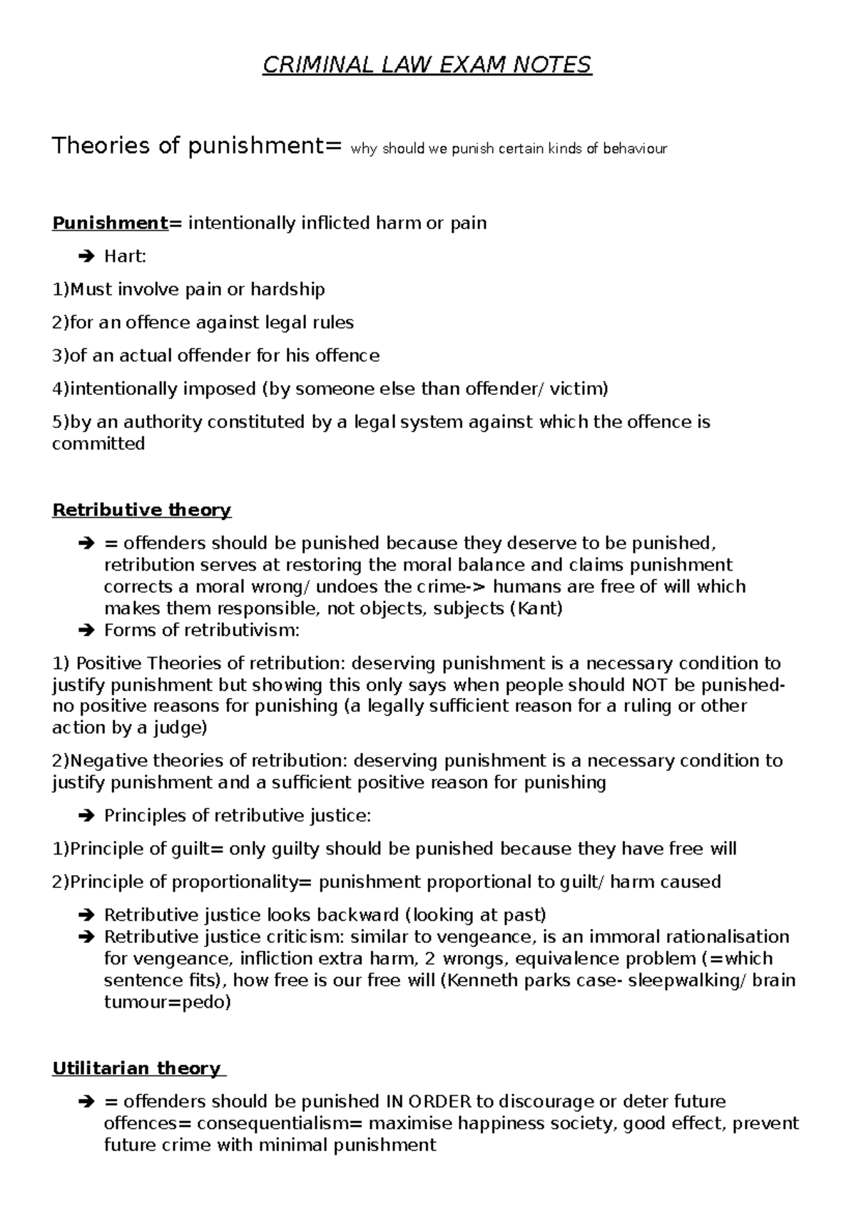 Criminal Law Exam Notes: Theories of Punishment and Liability - Studeersnel