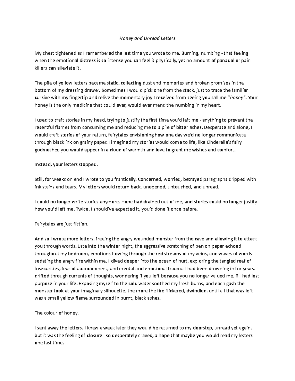 Honey and unread letters: a journey through emotional turmoil - Studocu