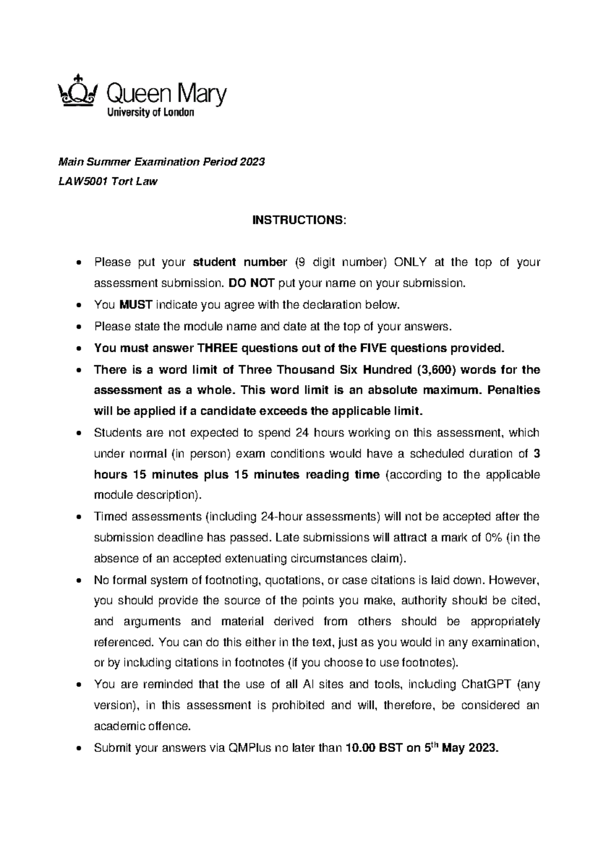 LAW5001 Tort Law Summer Exam Paper 2023 - Final Assessment Guide - Studocu