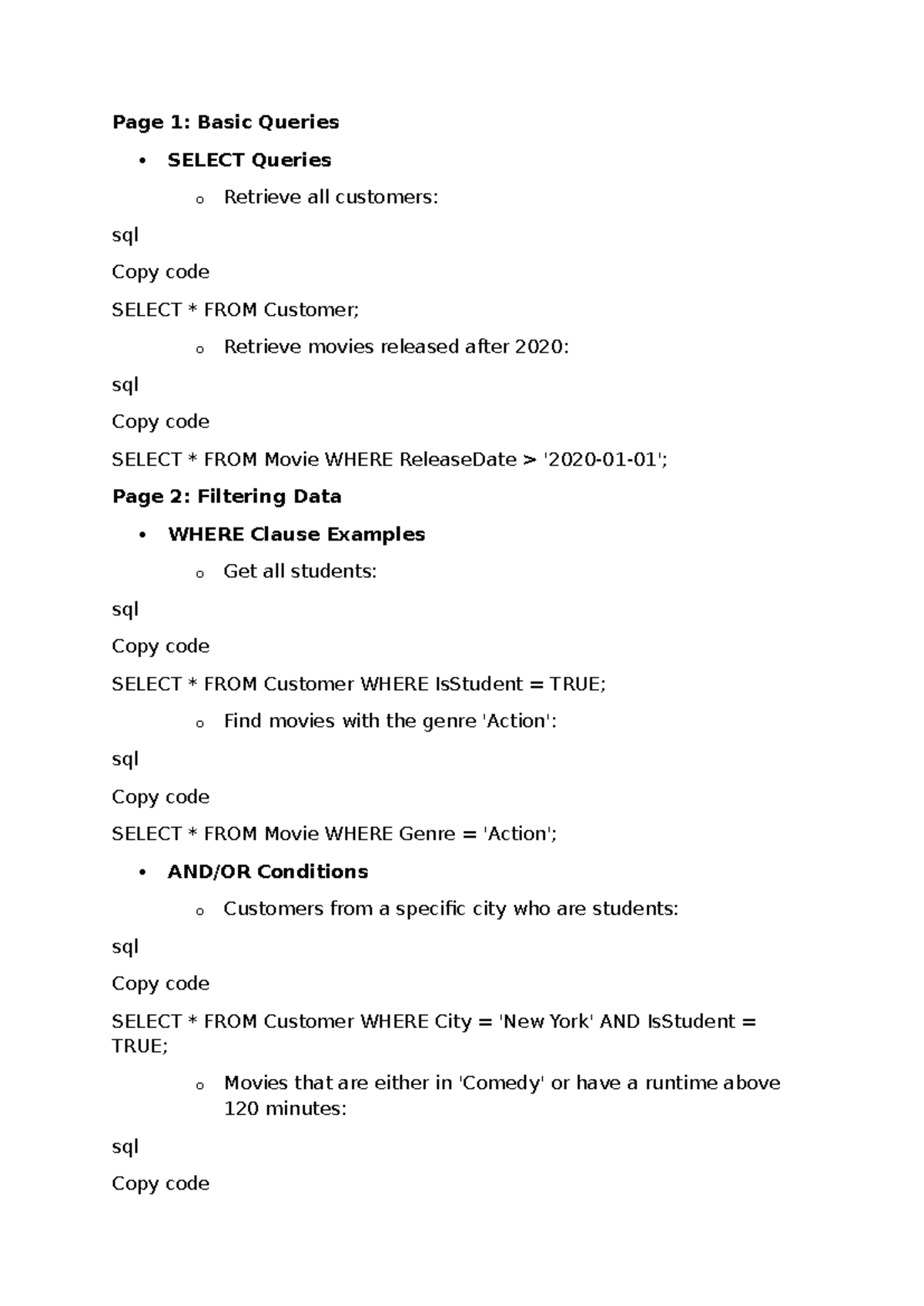 SQL cheat - SQL notes - Page 1: Basic Queries SELECT Queries o Retrieve ...