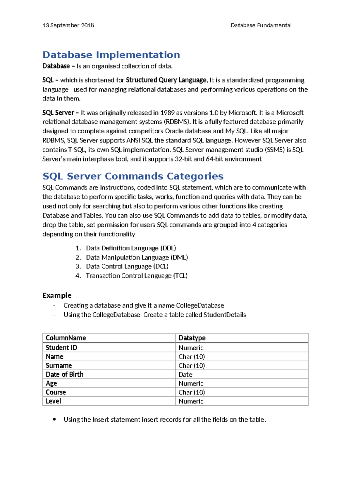 Database Fundamentals: Implementation & SQL Overview (Class Notes ...