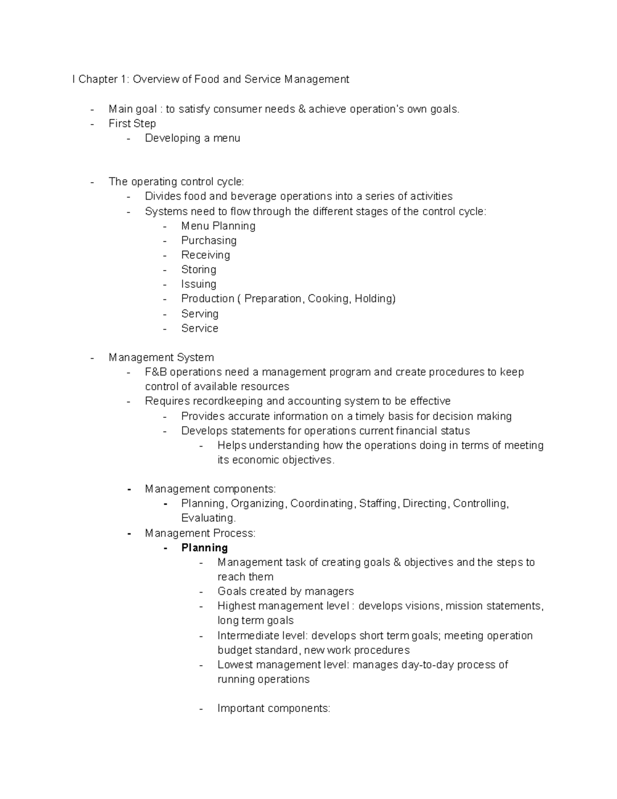 HTF 110 Notes on Chapters - l Chapter 1: Overview of Food and Service ...