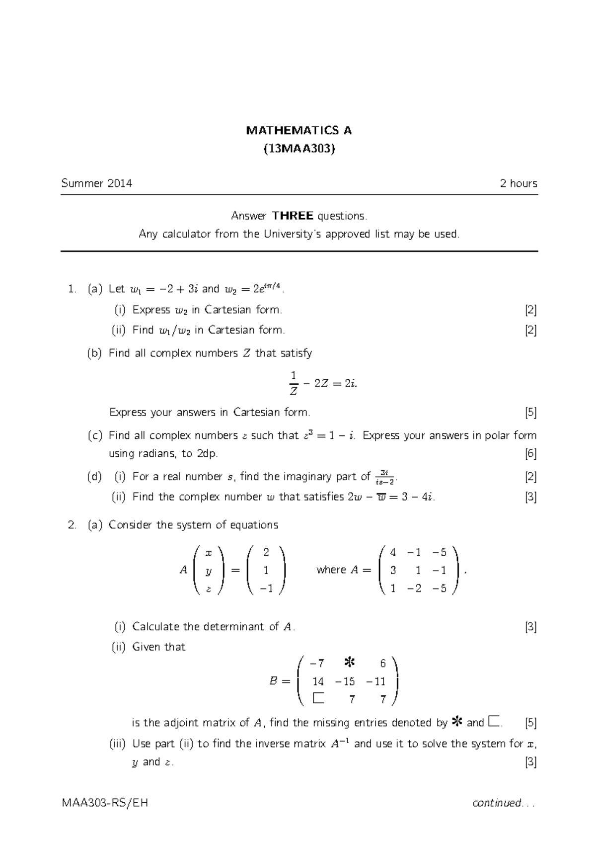 Mathematics A Exam questions - MATHEMATICS A (13MAA303) Summer 2014 2 ...