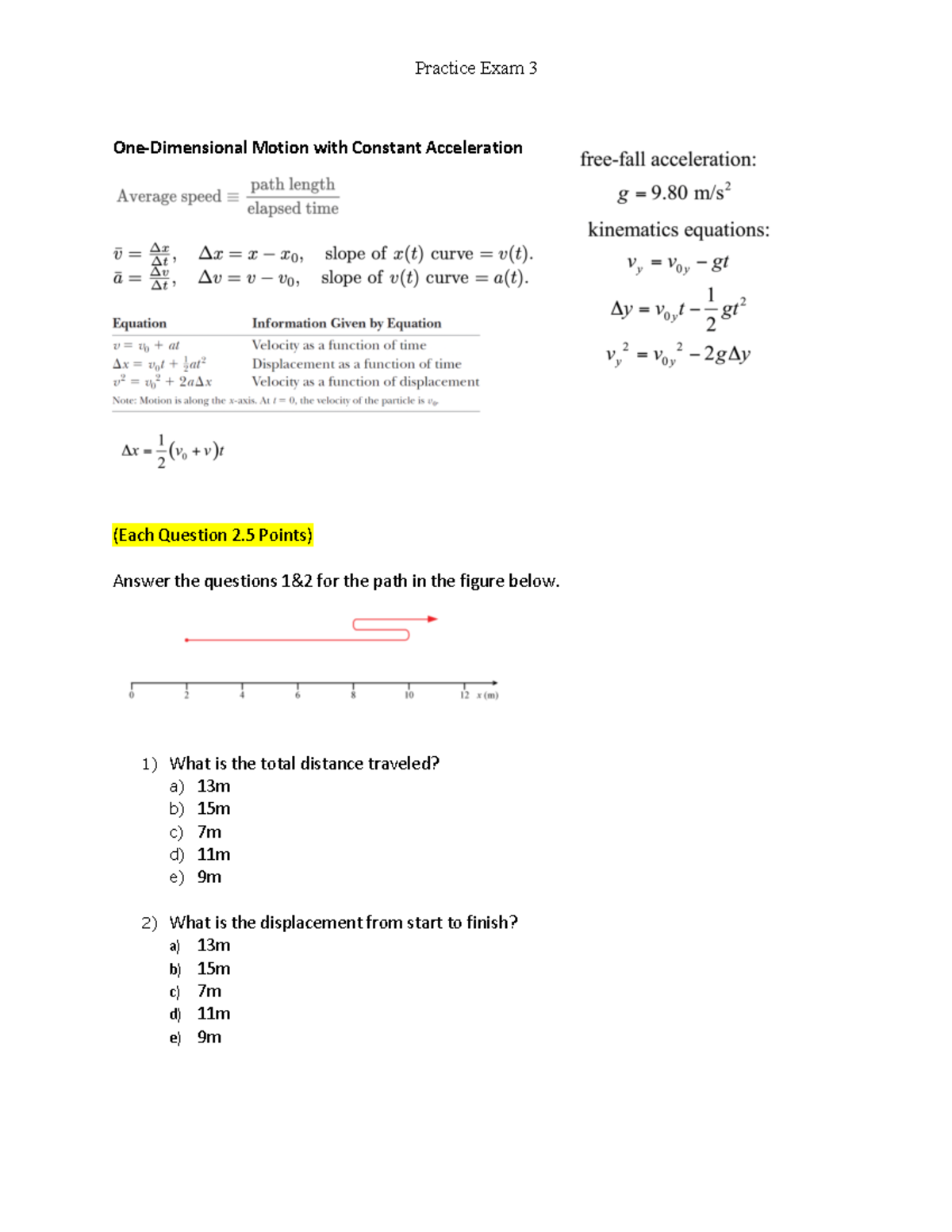 Practice Exam 3 - Dr. Bicer - One-Dimensional Motion with Constant ...