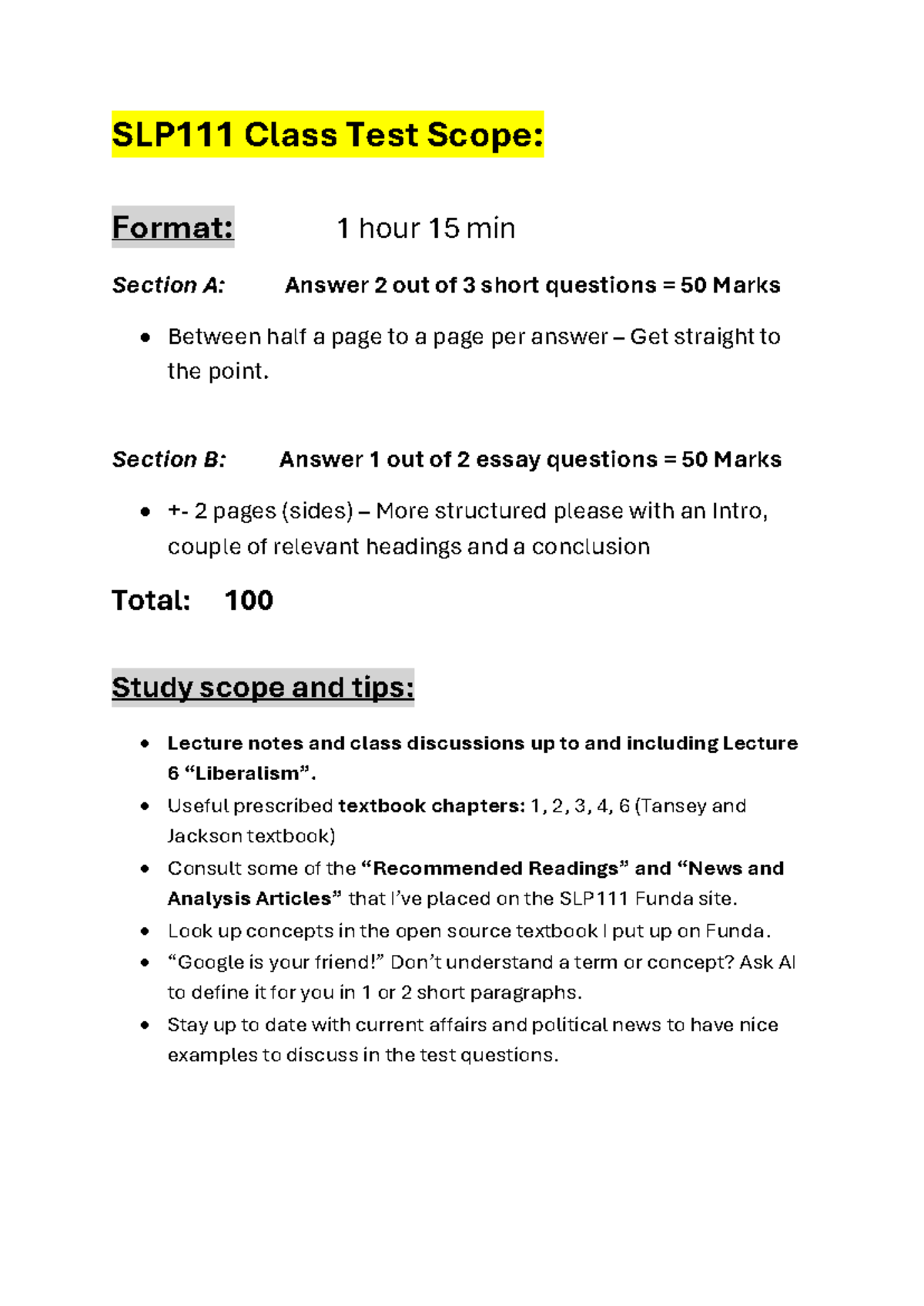 SLP111 Class Test Scope and Study Tips - Studocu
