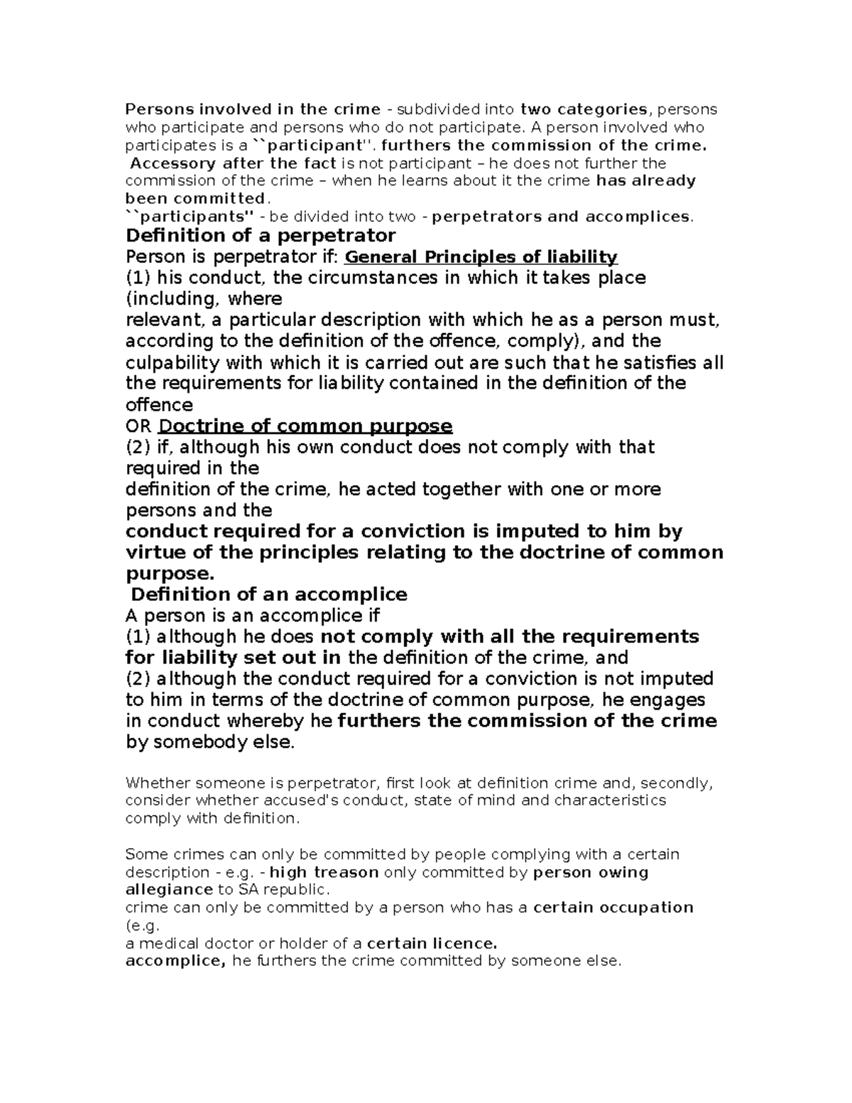 CRW2602 Study Notes: Summary of Crime Participation and Liability - Studocu