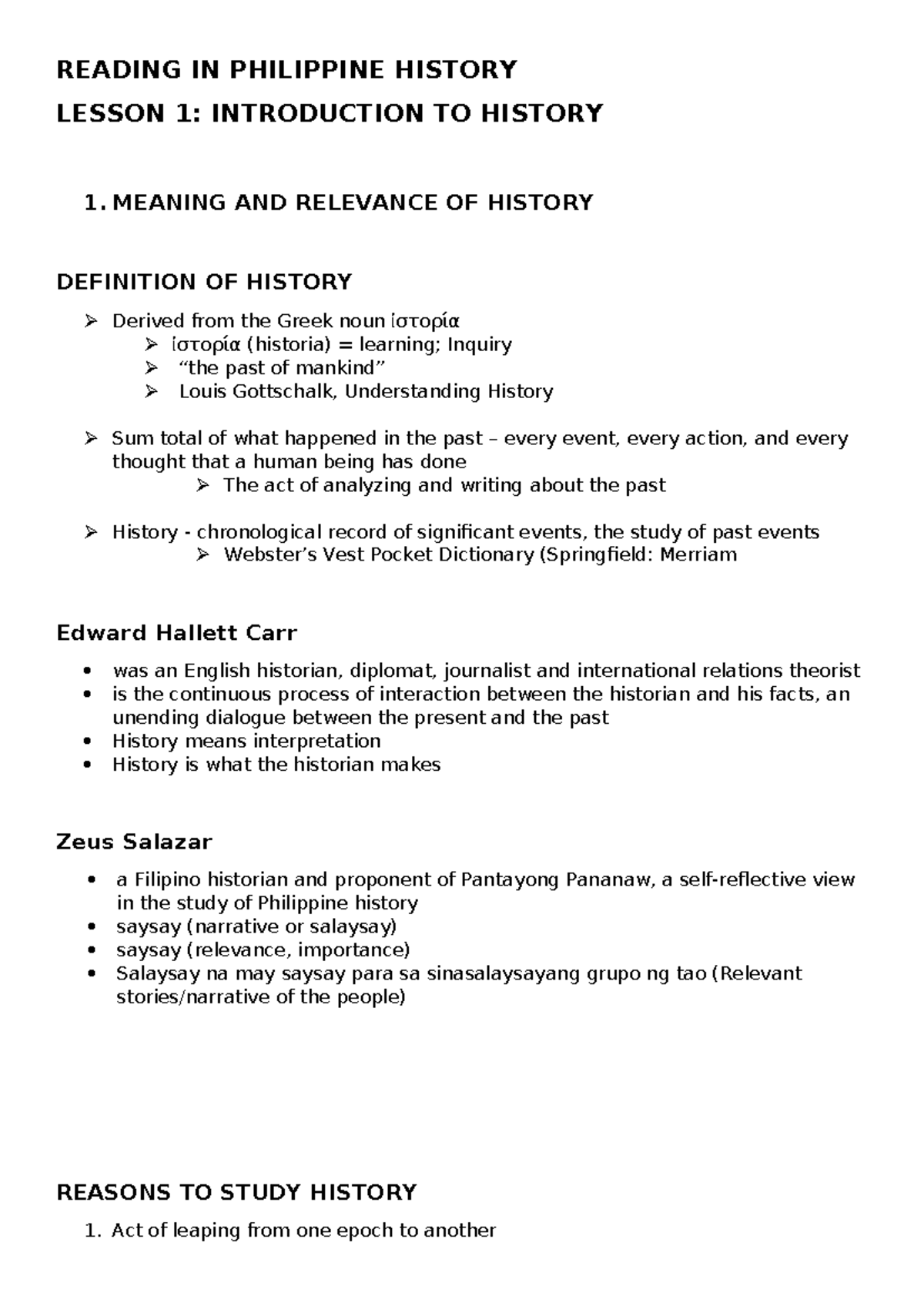 RPH LECTURE NOTES - Lesson 1: Introduction to Philippine History - Studocu