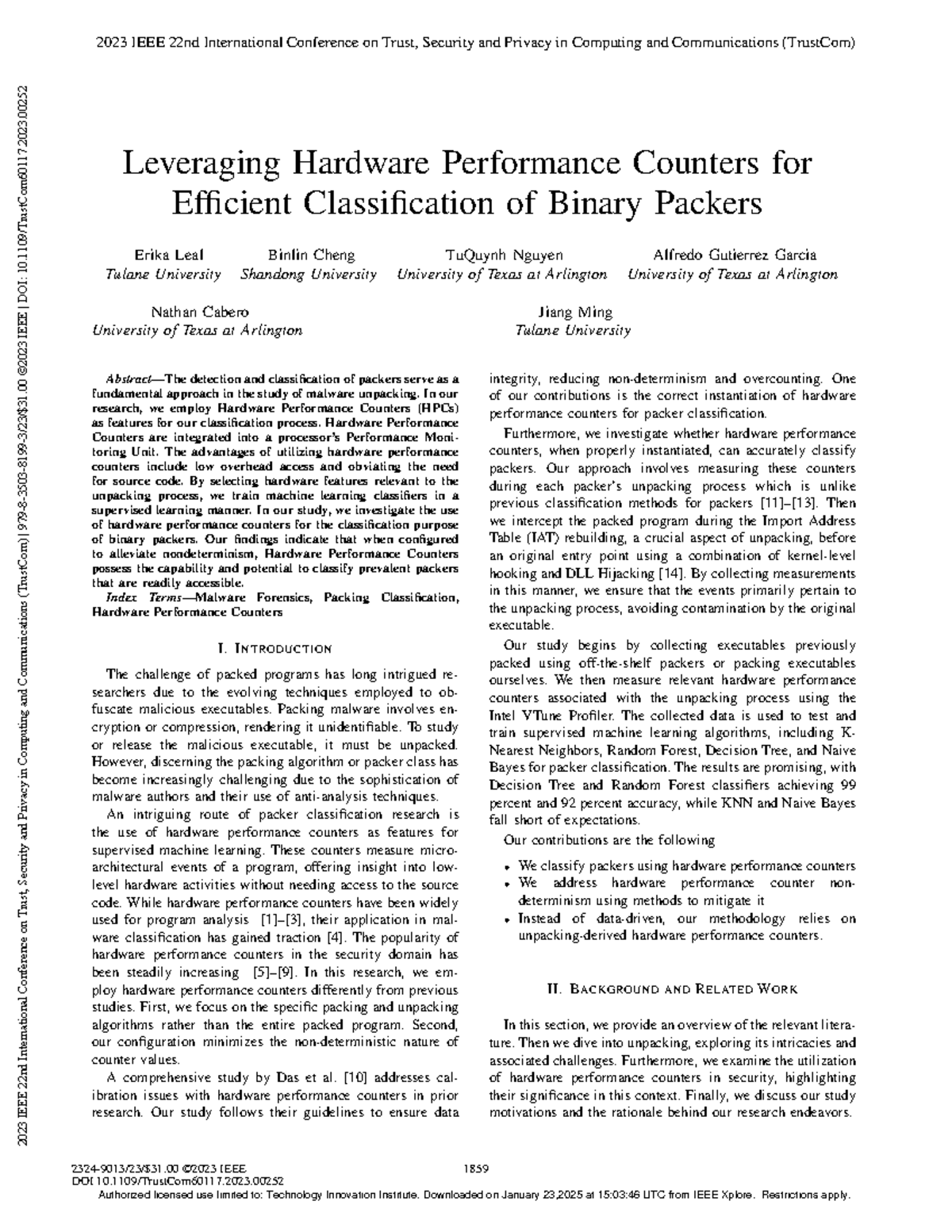 2023 TrustCom: Efficient Packer Classification Using Hardware ...