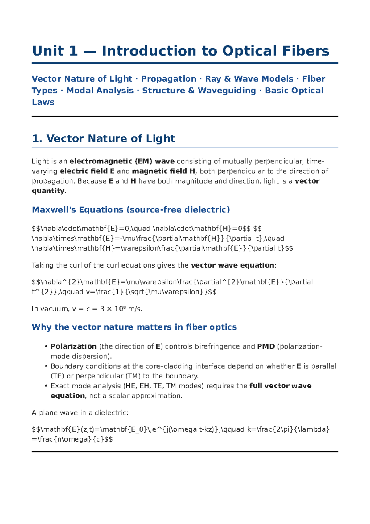 Unit 1: Introduction to Optical Fibers - Vector Nature of Light ...