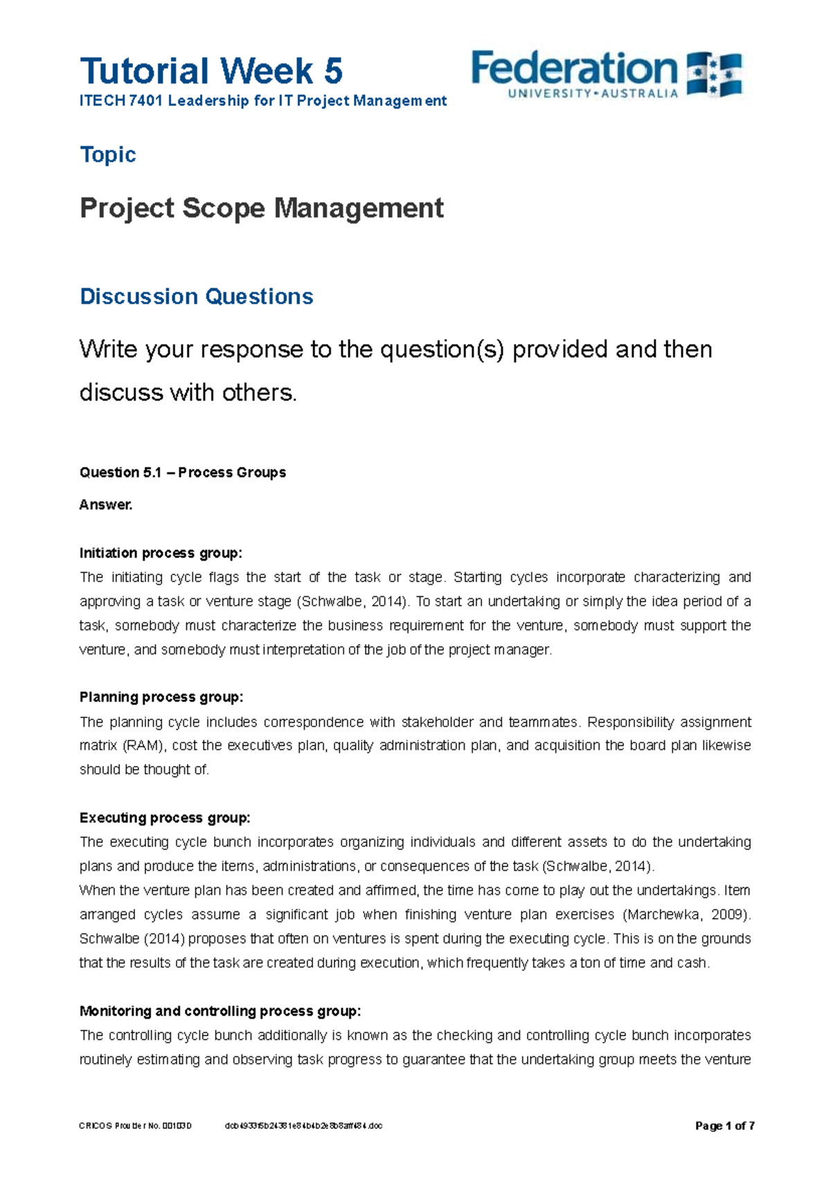 ITECH 7401 - Week 5 Tutorials Solutions on Project Scope Management ...