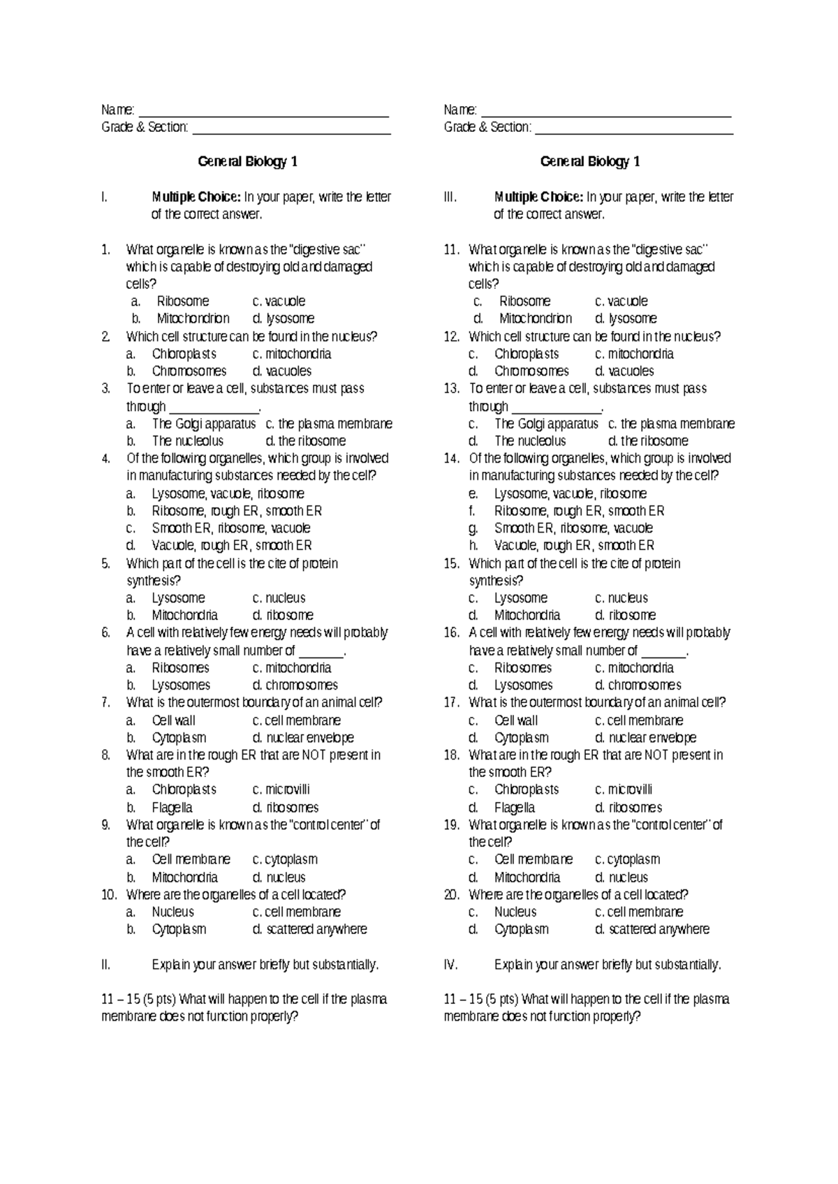 Quiz - General Biology 1 (SHS) - Multiple Choice Questions - Studocu