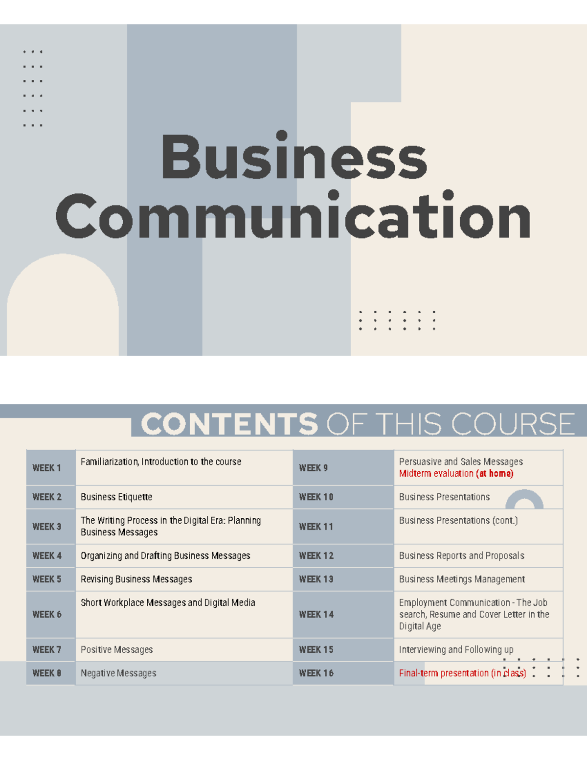 BC - Business Communication Course Overview and Weekly Topics - Studocu