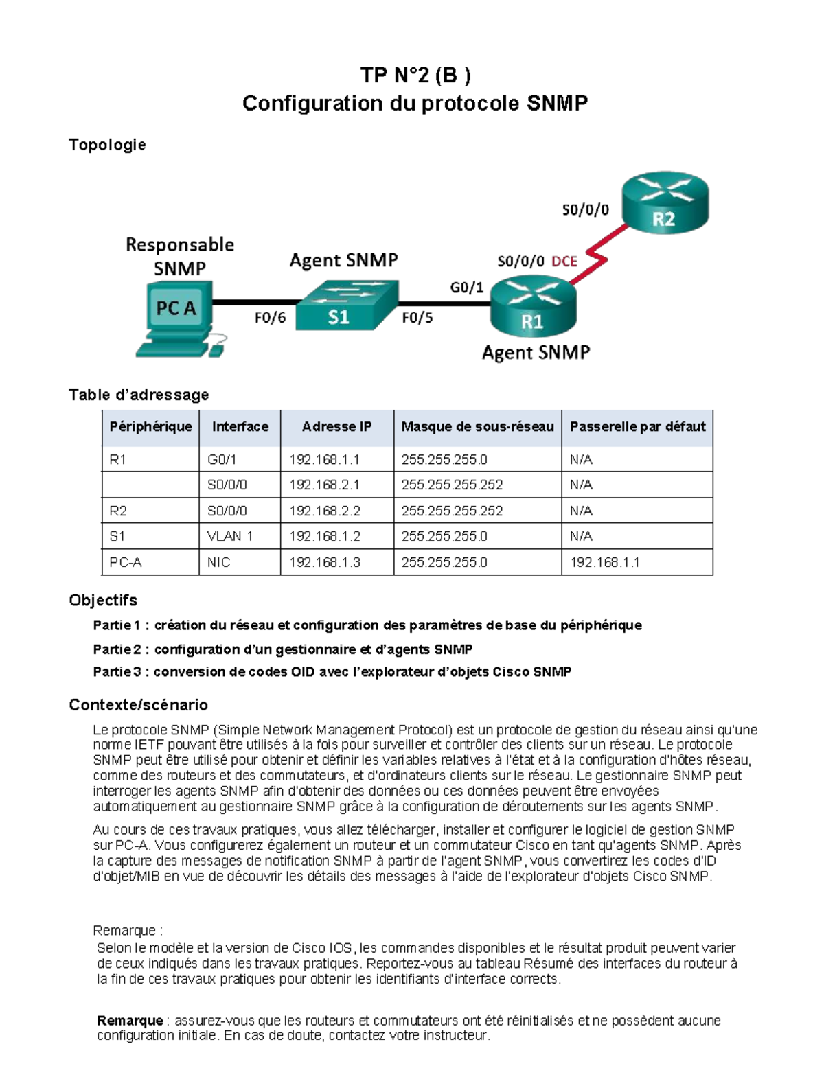 TP (B) Configuration et Gestion du Protocole SNMP dans un Réseau - Studocu
