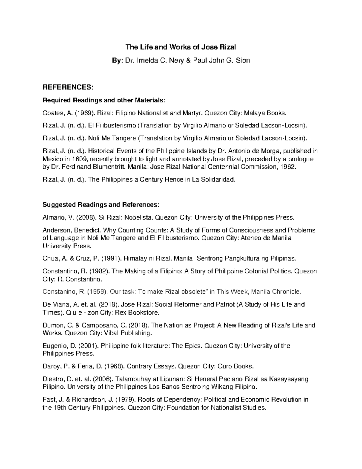 References for the Life and Works of Jose Rizal (Rizal 101) - Studocu