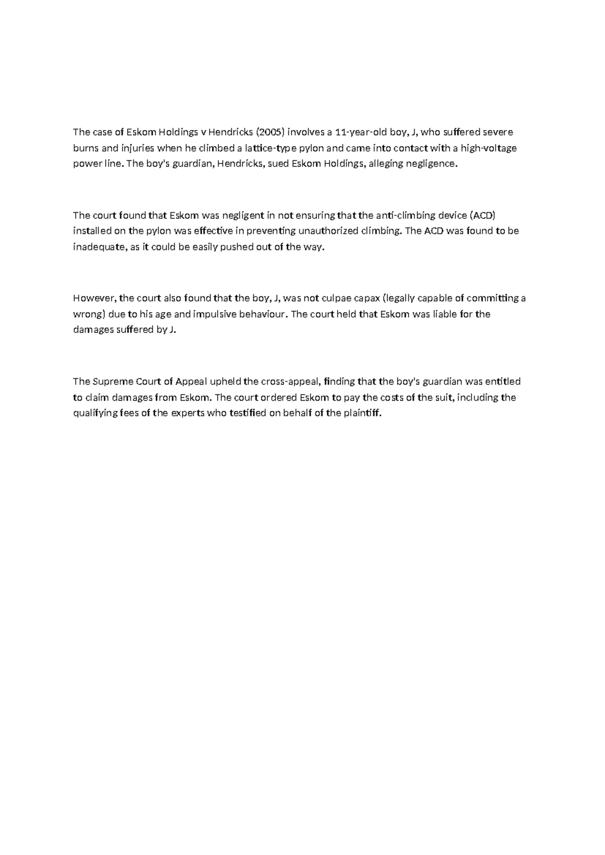 Eskom Holdings v Hendricks (2005) Case Summary Analysis - Studocu