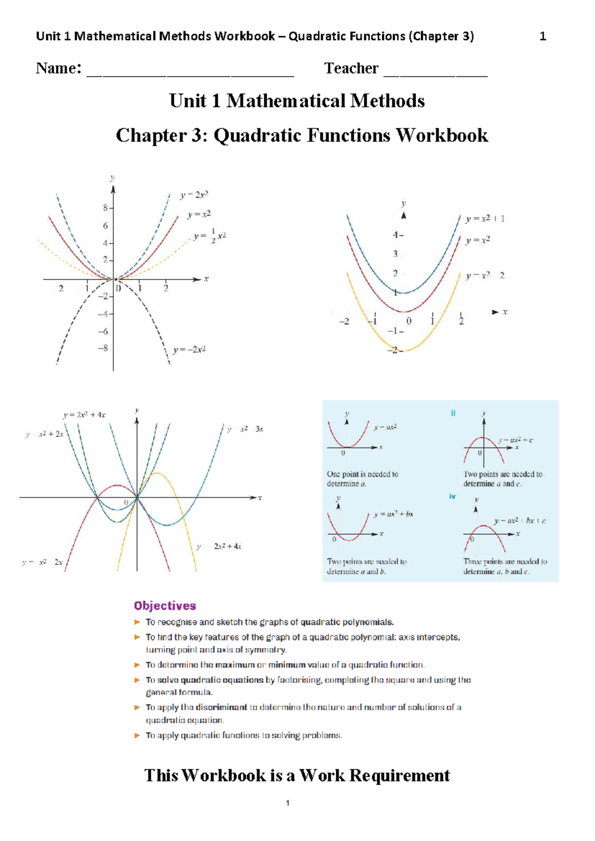 2026 Unit 1 Mathematical Methods Workbook: Quadratic Functions (Ch 3 ...