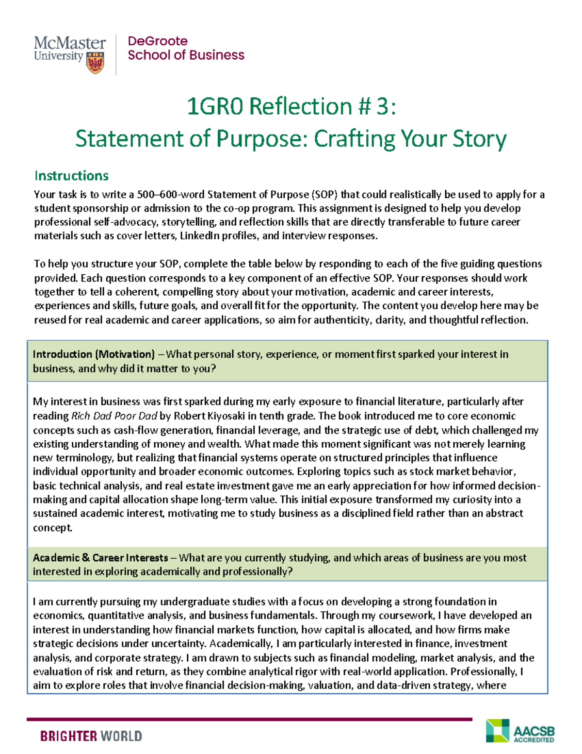 1GR0 Reflection 3: Crafting Your Statement of Purpose - Studocu