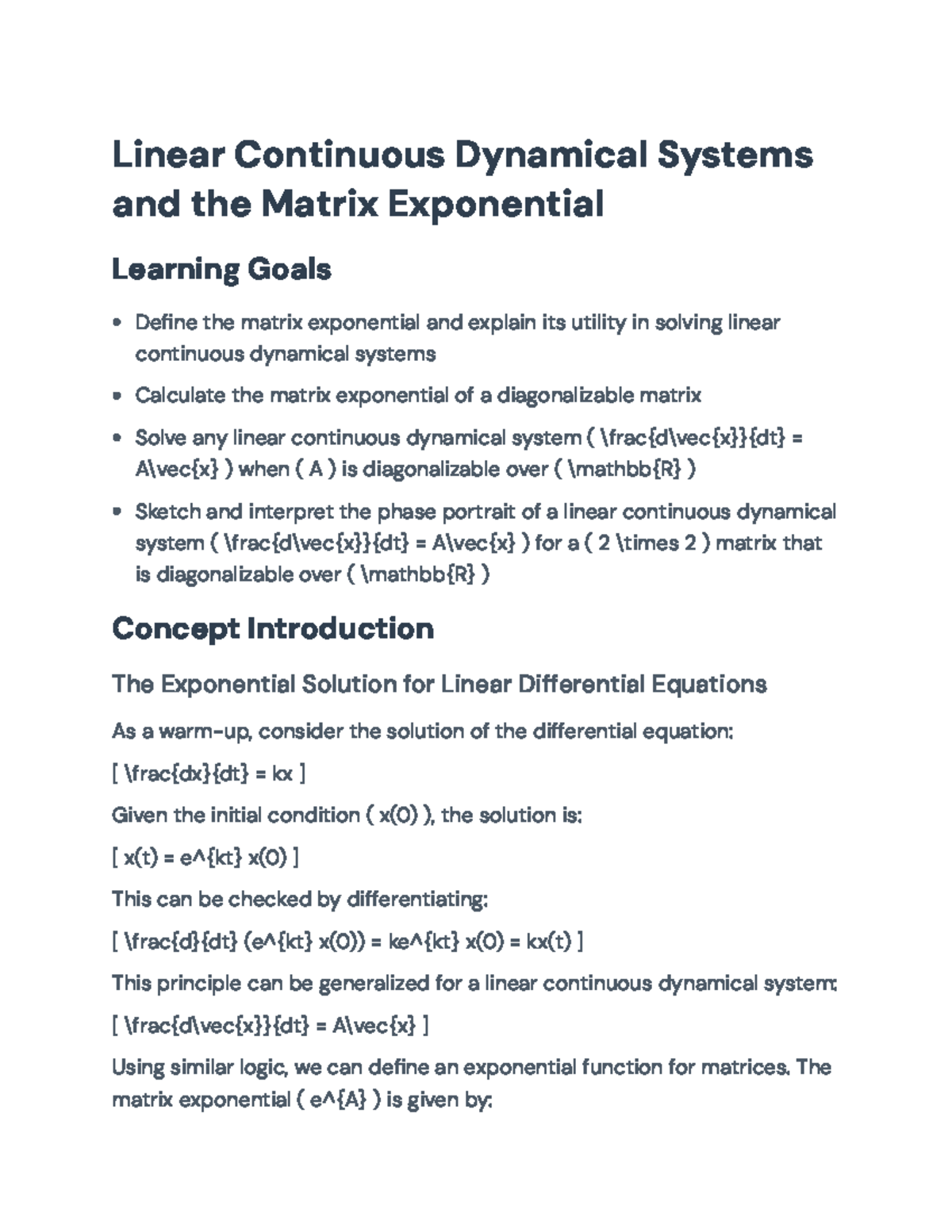 Matrix Exponential and Linear Continuous Dynamical Systems Analysis ...