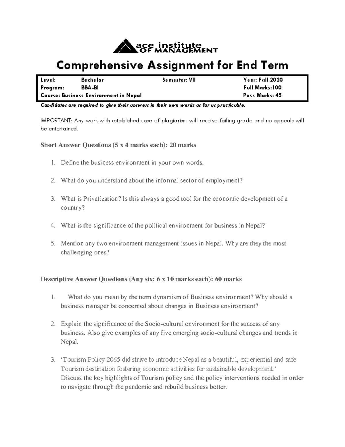 Business Environment in Nepal: Comprehensive End Term Assignment (BBA ...