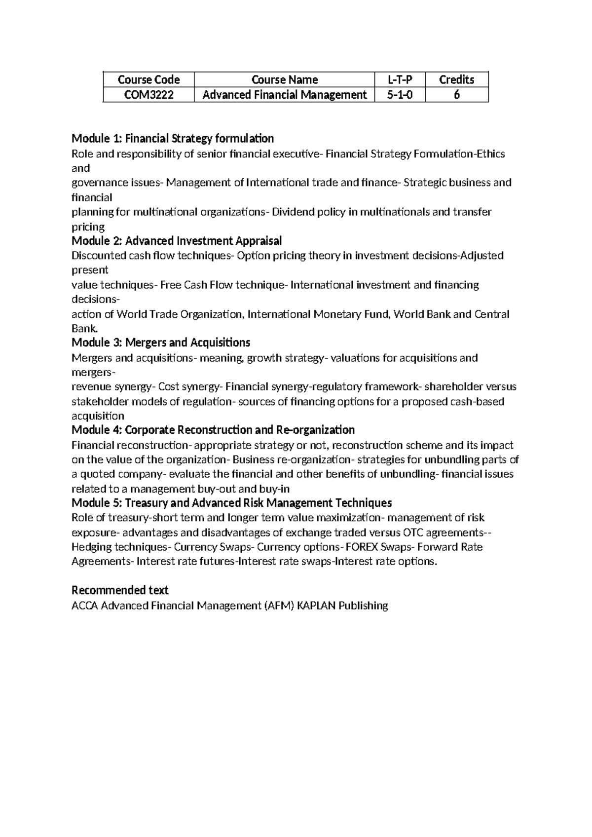 AFM Syllabus Overview: Advanced Financial Management Modules - Studocu