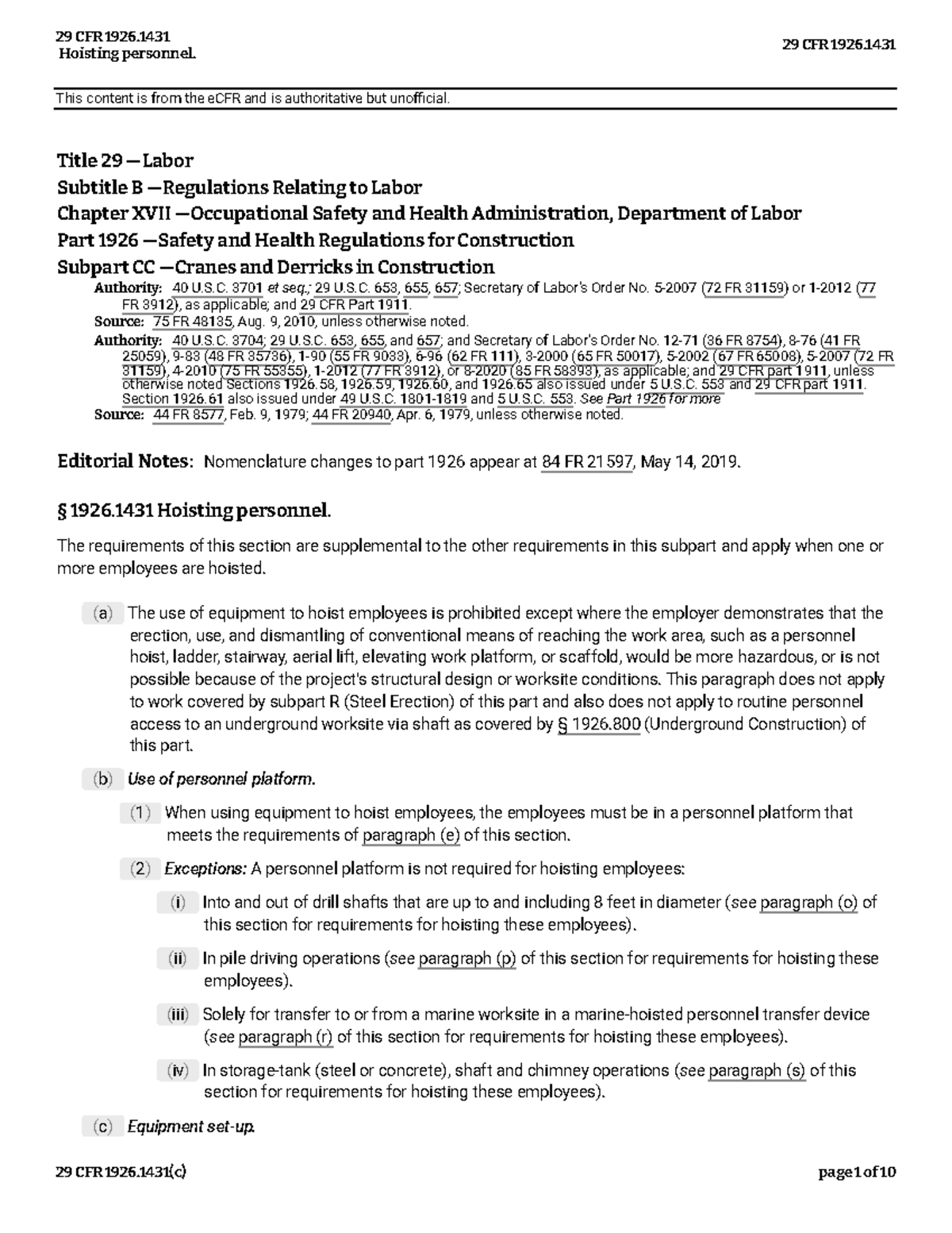 29 CFR 1926.1431 Hoisting Personnel Safety Regulations - Studocu