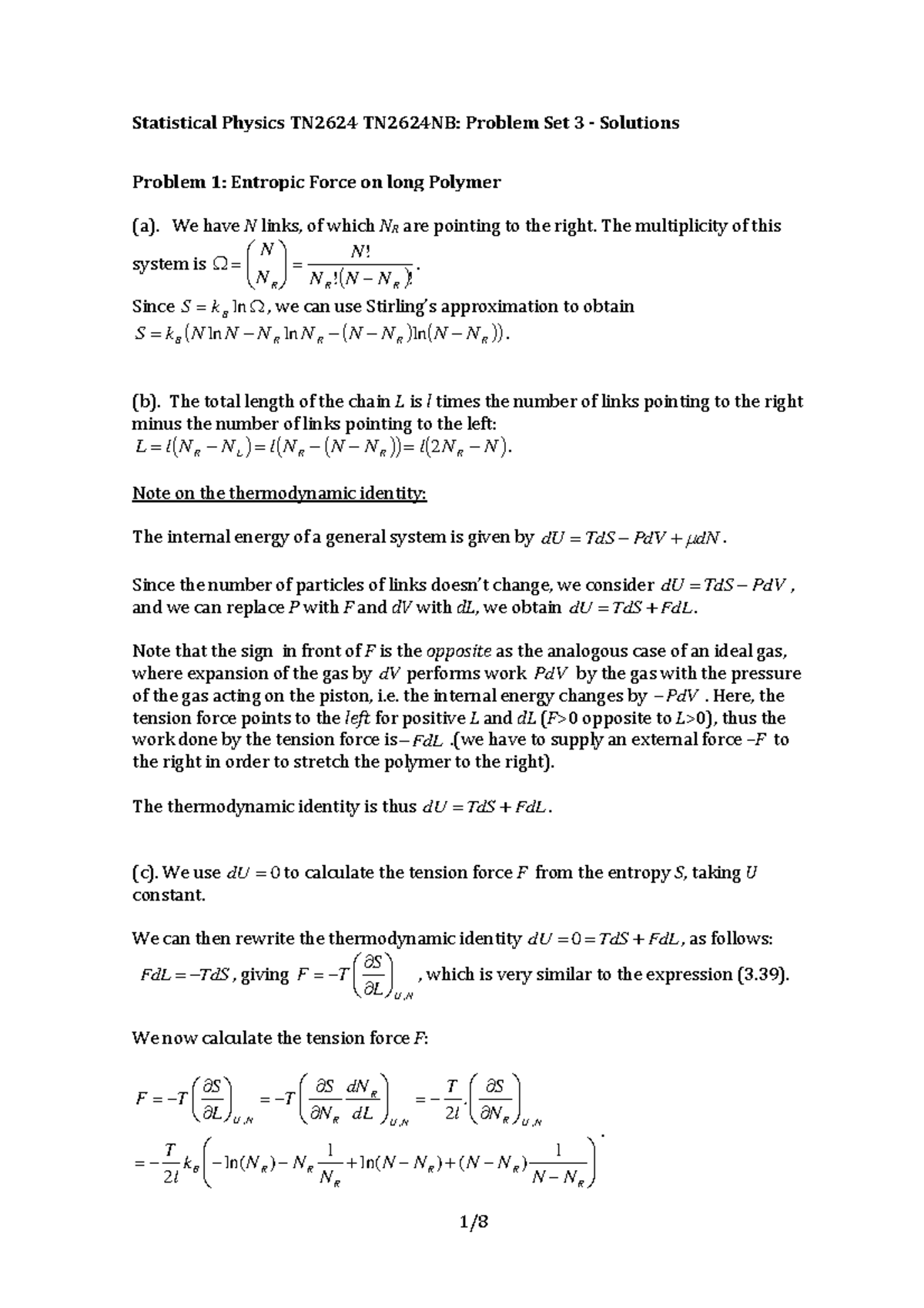Solutions to Problem Set 3 of Statistical Physics (TN2624) - Studeersnel
