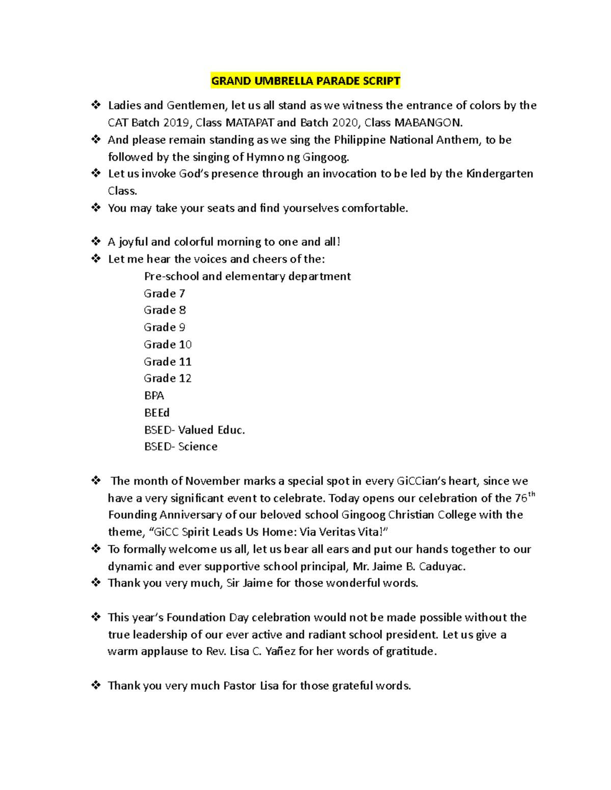 Grand Umbrella Parade Script - GiCC Foundation Day Celebration - Studocu