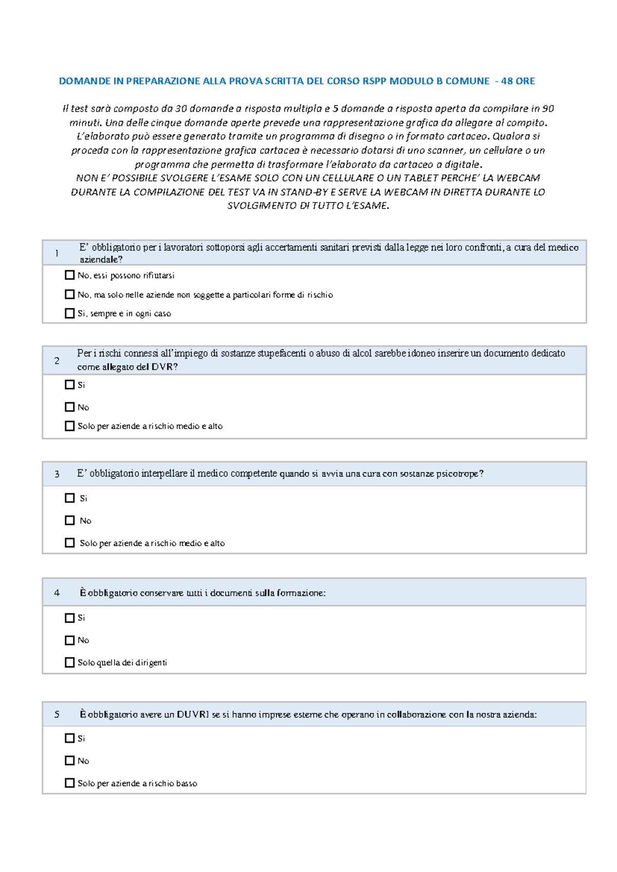 Domande di Preparazione all’Esame Scritto RSPP Modulo B Comune - 48 Ore ...