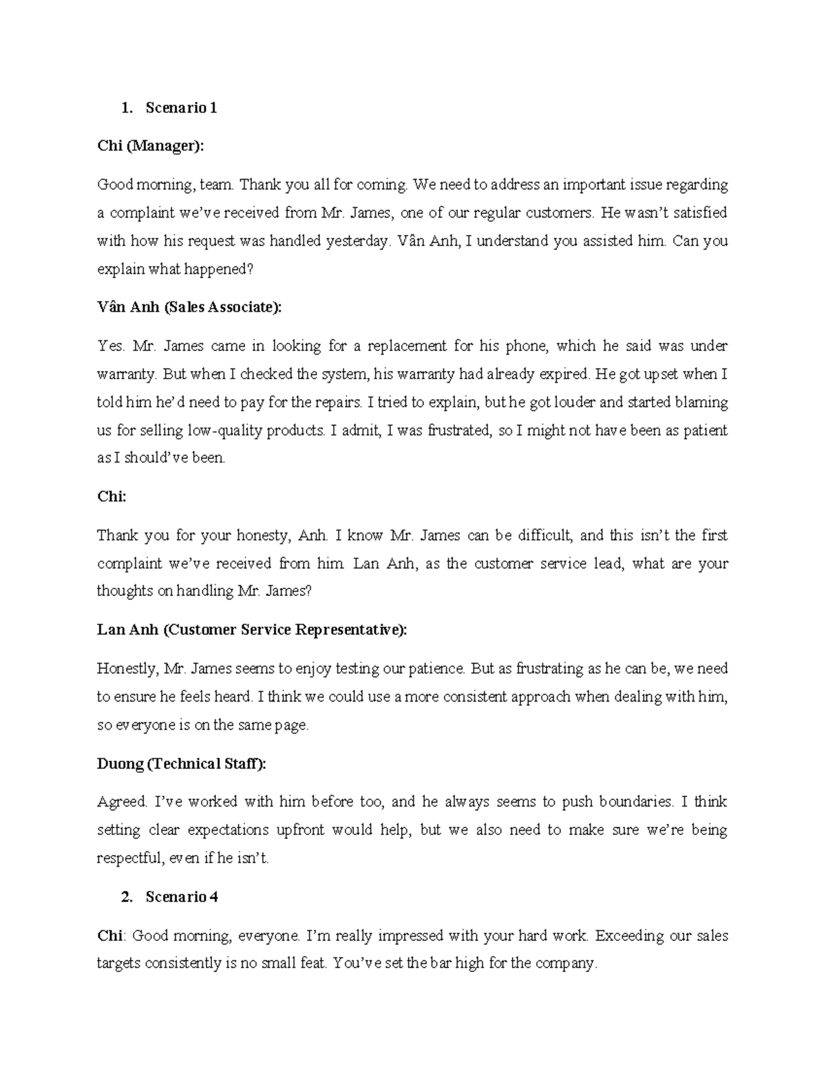 Roleplay Script: Customer Service Scenarios for FPT Team - Studocu