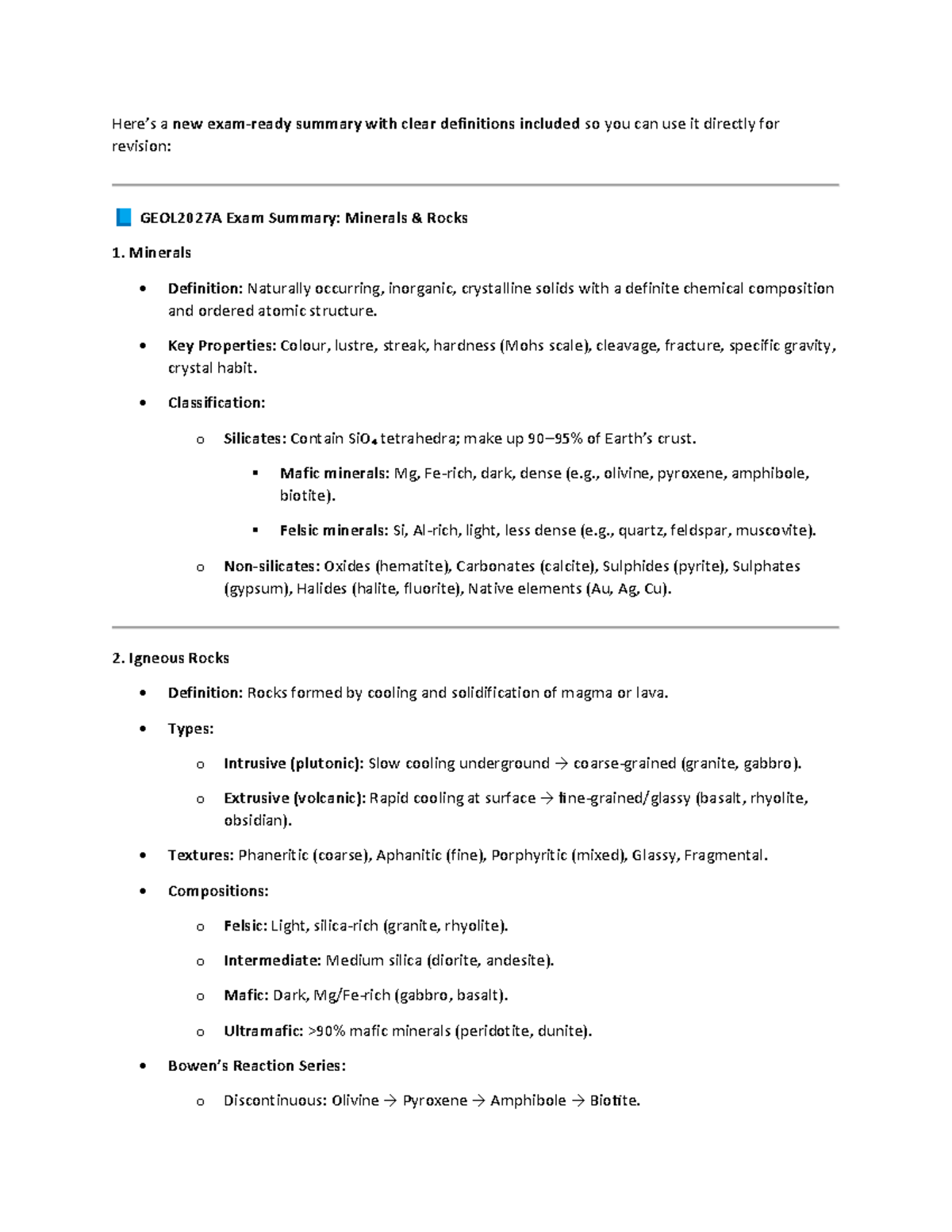 GEOL2027A Final Exam Summary: Minerals and Rocks Overview - Studocu
