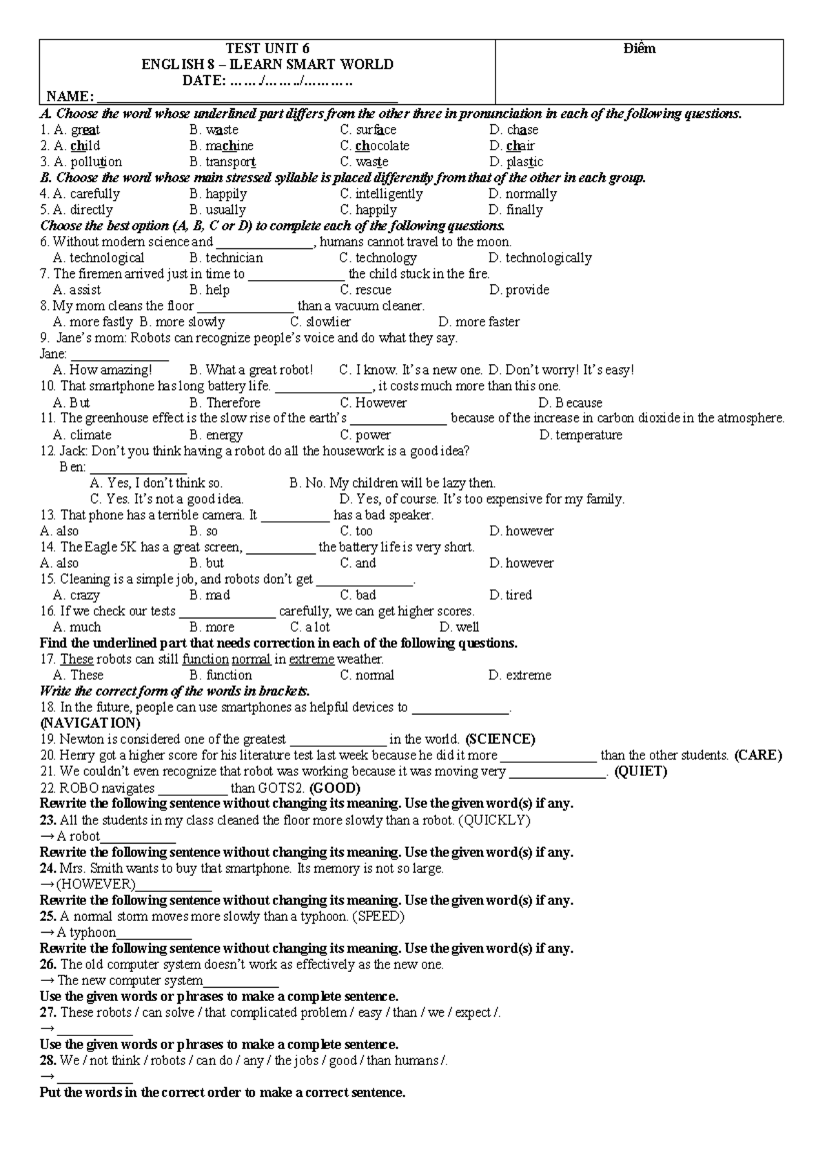 E8 English 8 Test Unit 6 - Pronunciation and Grammar Exercises - Studocu