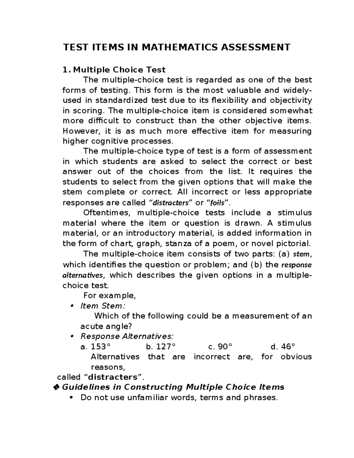 MATH 101: Guidelines for Constructing Multiple Choice Test Items - Studocu