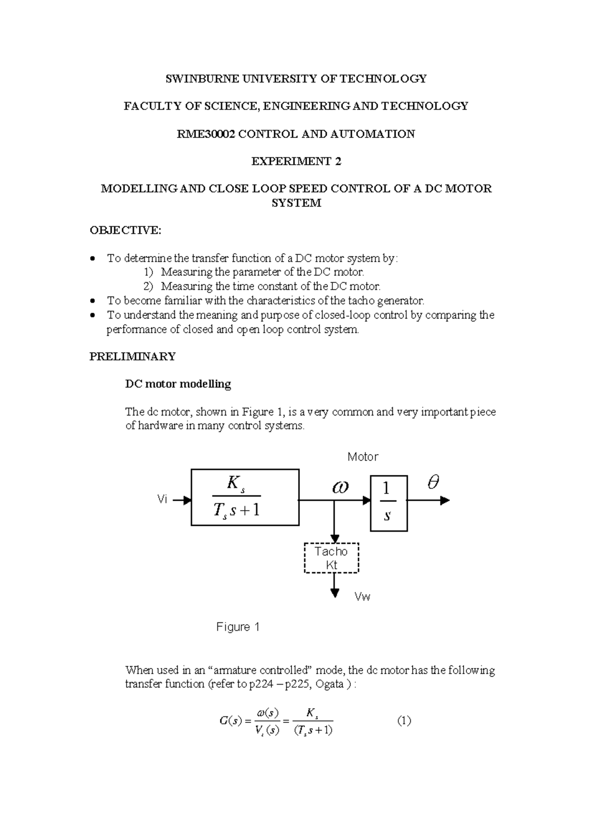 RME30002 Lab 2: Modelling & Closed Loop Speed Control of DC Motor - Studocu