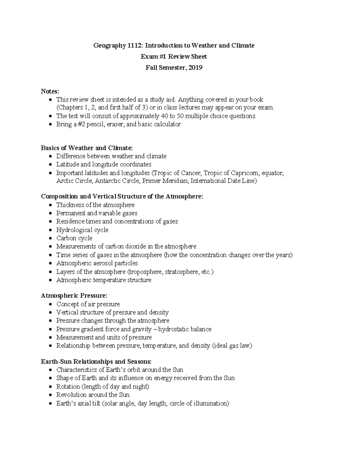 Review Sheet-Exam1 - Study guide and practice questions for exam 2 ...