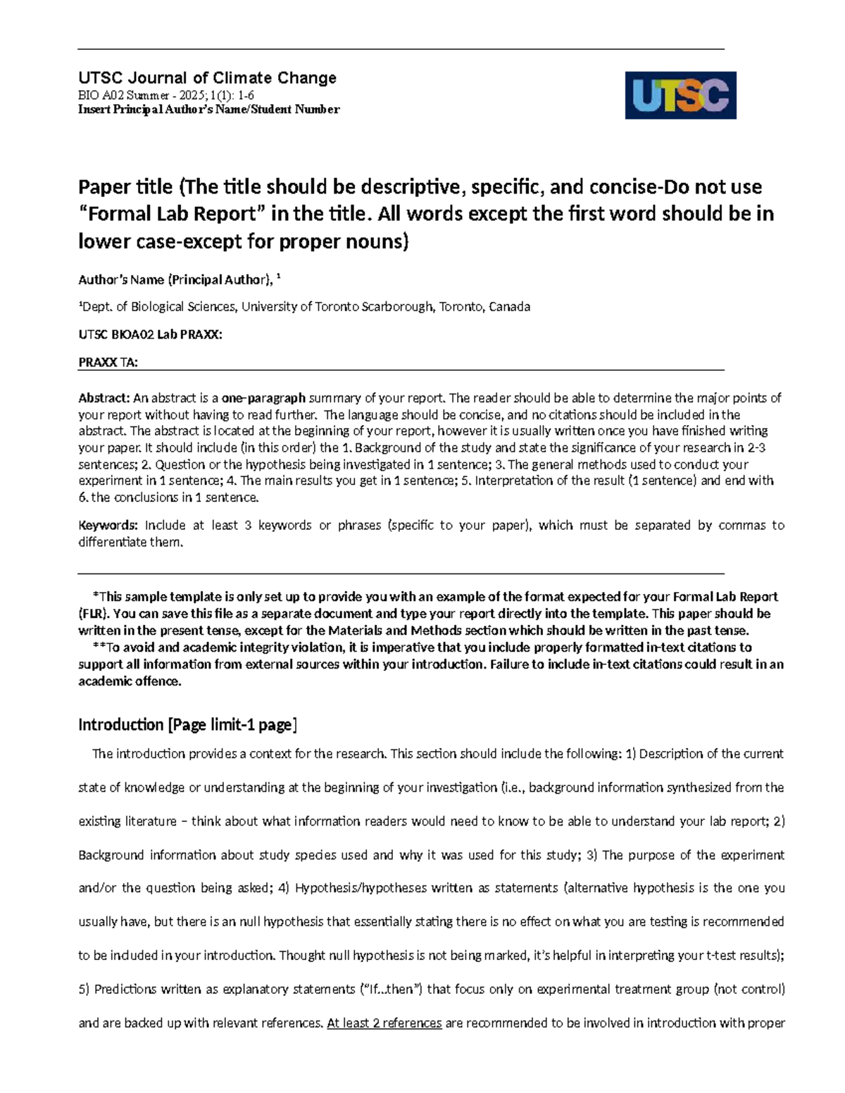 UTSC BIOA02 Final Lab Report Template for Climate Change Research - Studocu