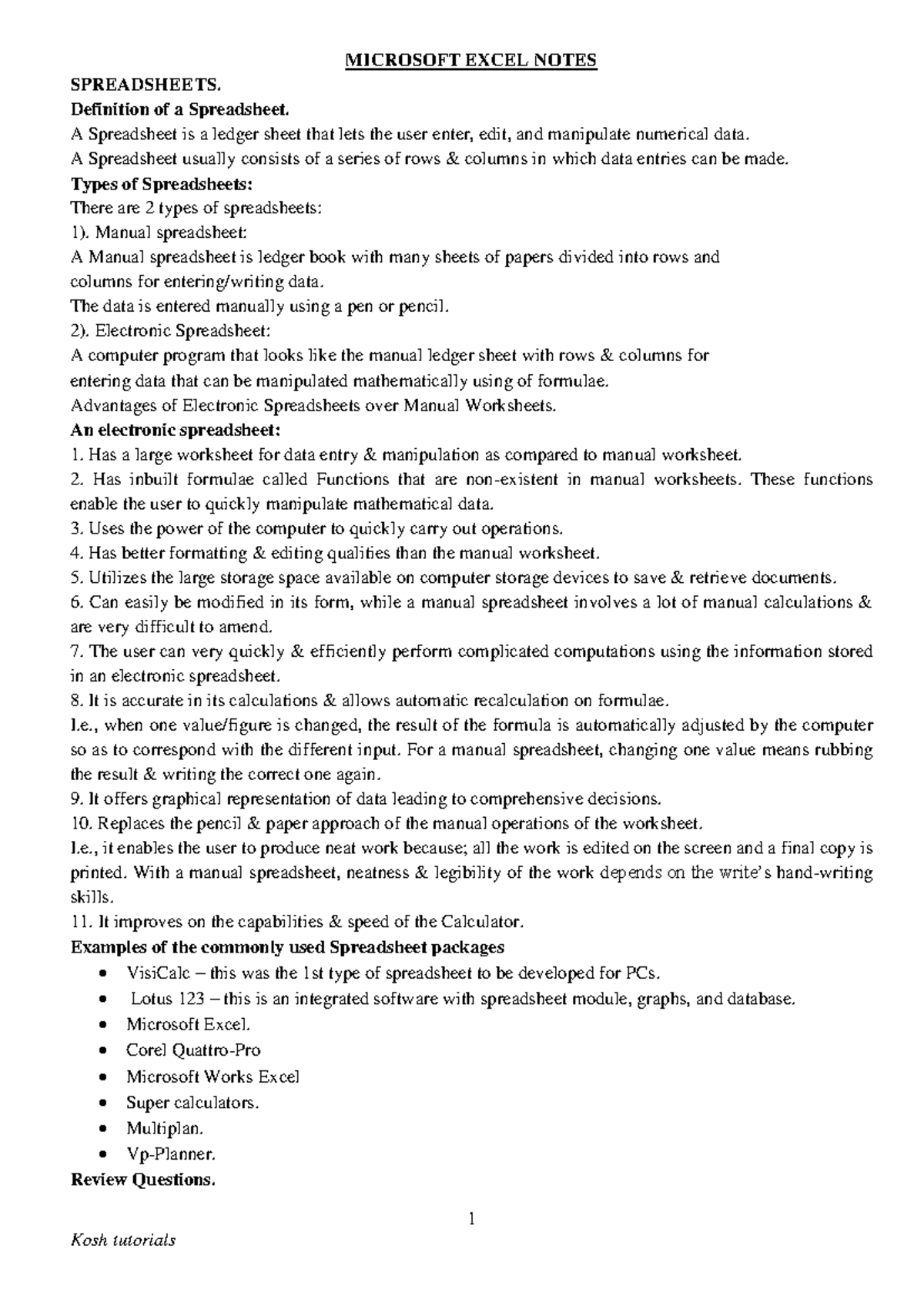 Microsoft Excel Notes: Understanding Spreadsheets and Their ...
