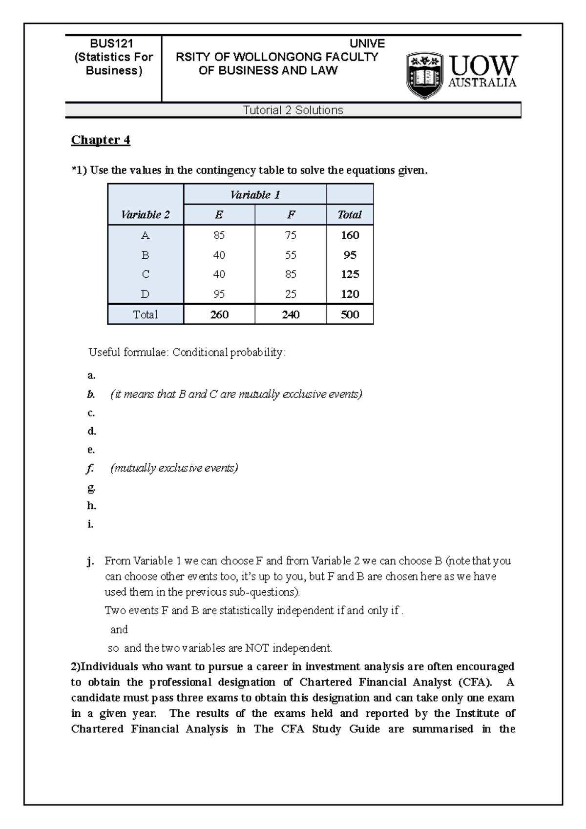 BUS121 T02 Solutions ch 4-5 - BUS (Statistics For Business) UNIVE RSITY ...