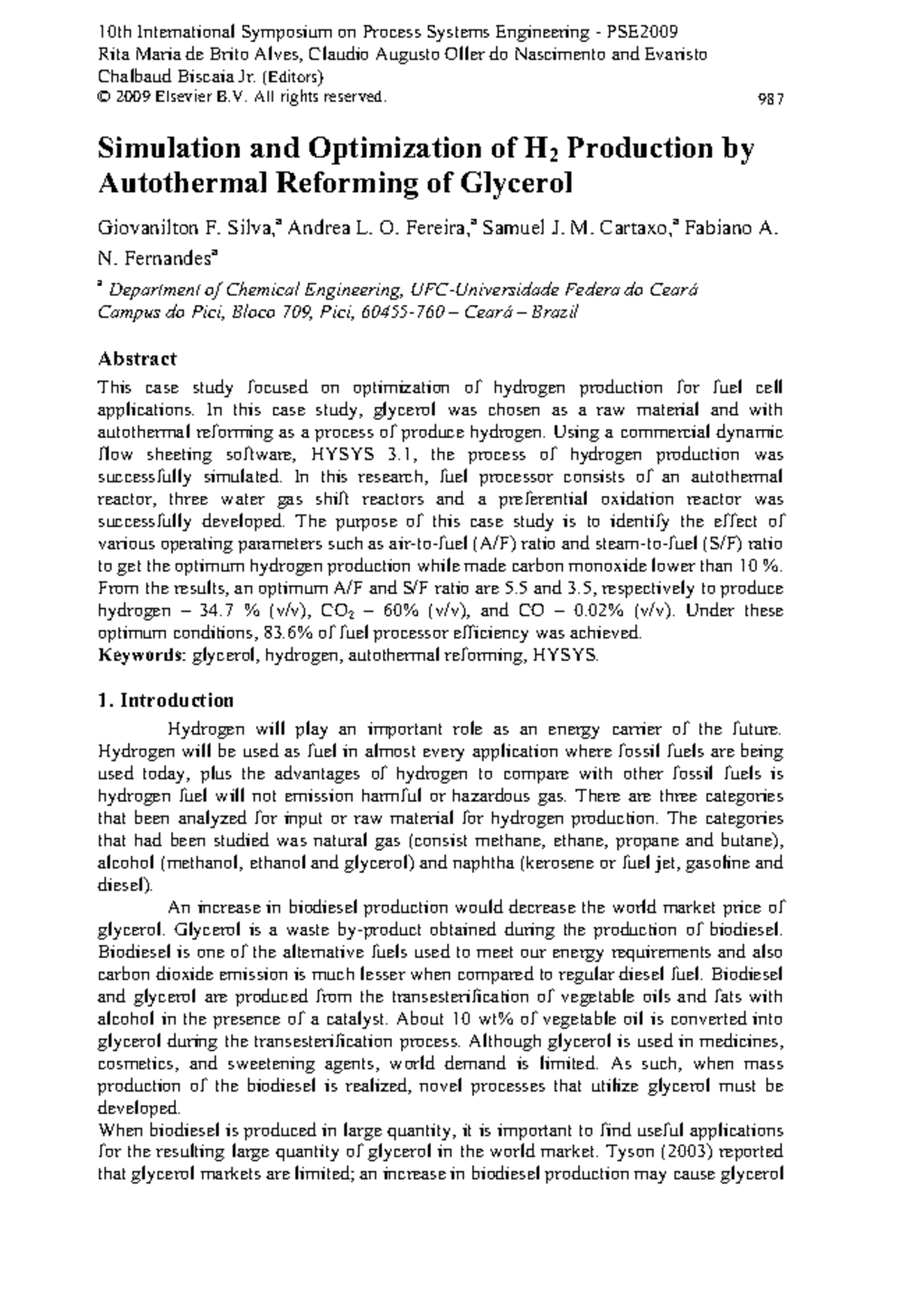 Simulation and Optimization of H2 Production by - 10th International ...