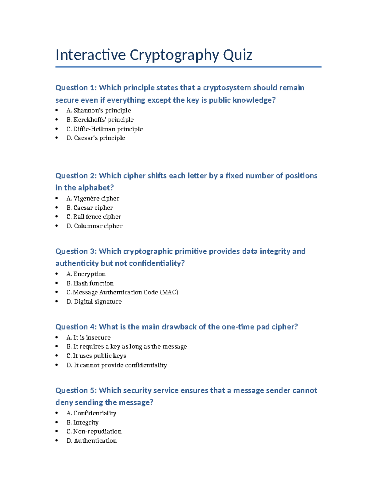 Cryptography Quiz - CH2-4: Key Concepts and Ciphers - Studocu