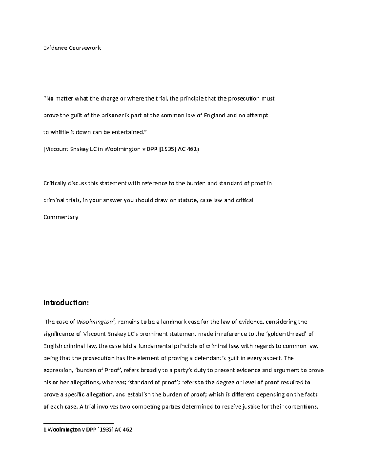Evidence Coursework: Burden and Standard of Proof in Criminal Trials ...