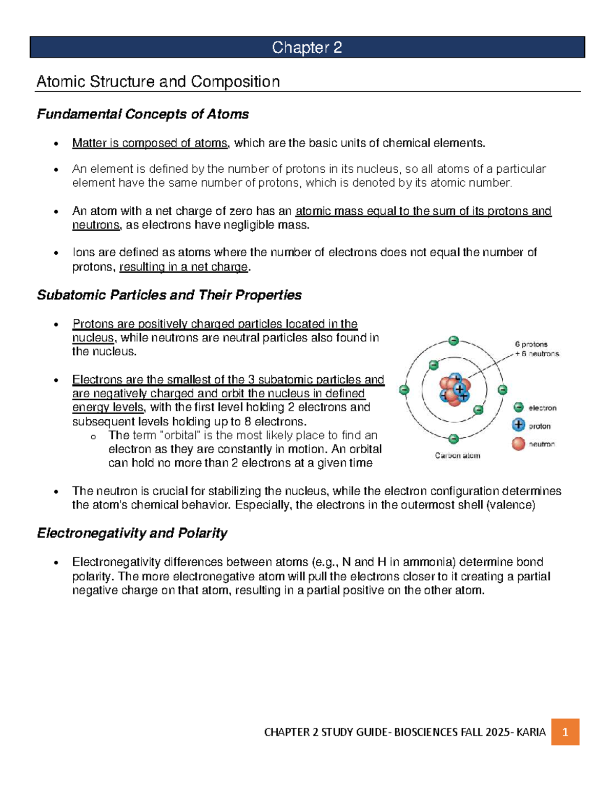 Chapter 2 Study Guide: Atomic Structure & Chemical Bonds (BIOSCI 2025 ...