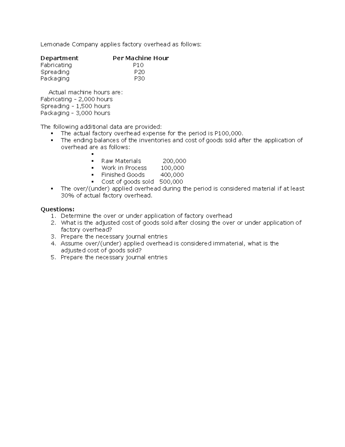 MOH 101 - Sample Problem on Manufacturing Overhead Application - Studocu