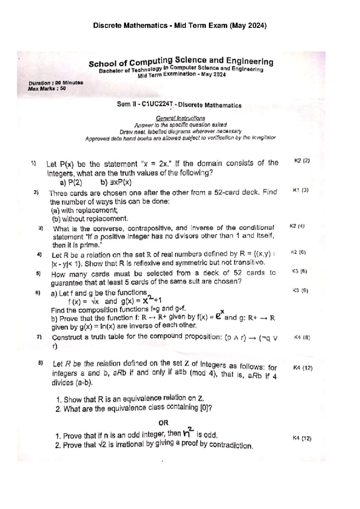 Discrete Mathematics Midterm Exam C1UC224T - May 2024 Solutions - Studocu